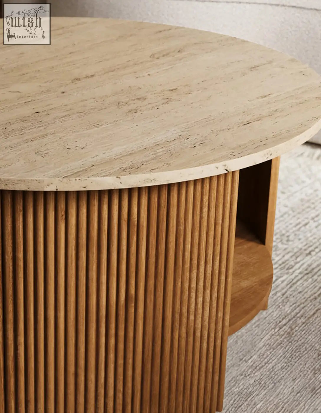 Schaefer round coffee table with storage featuring a light beige travertine top and vertical wood slat base for living space