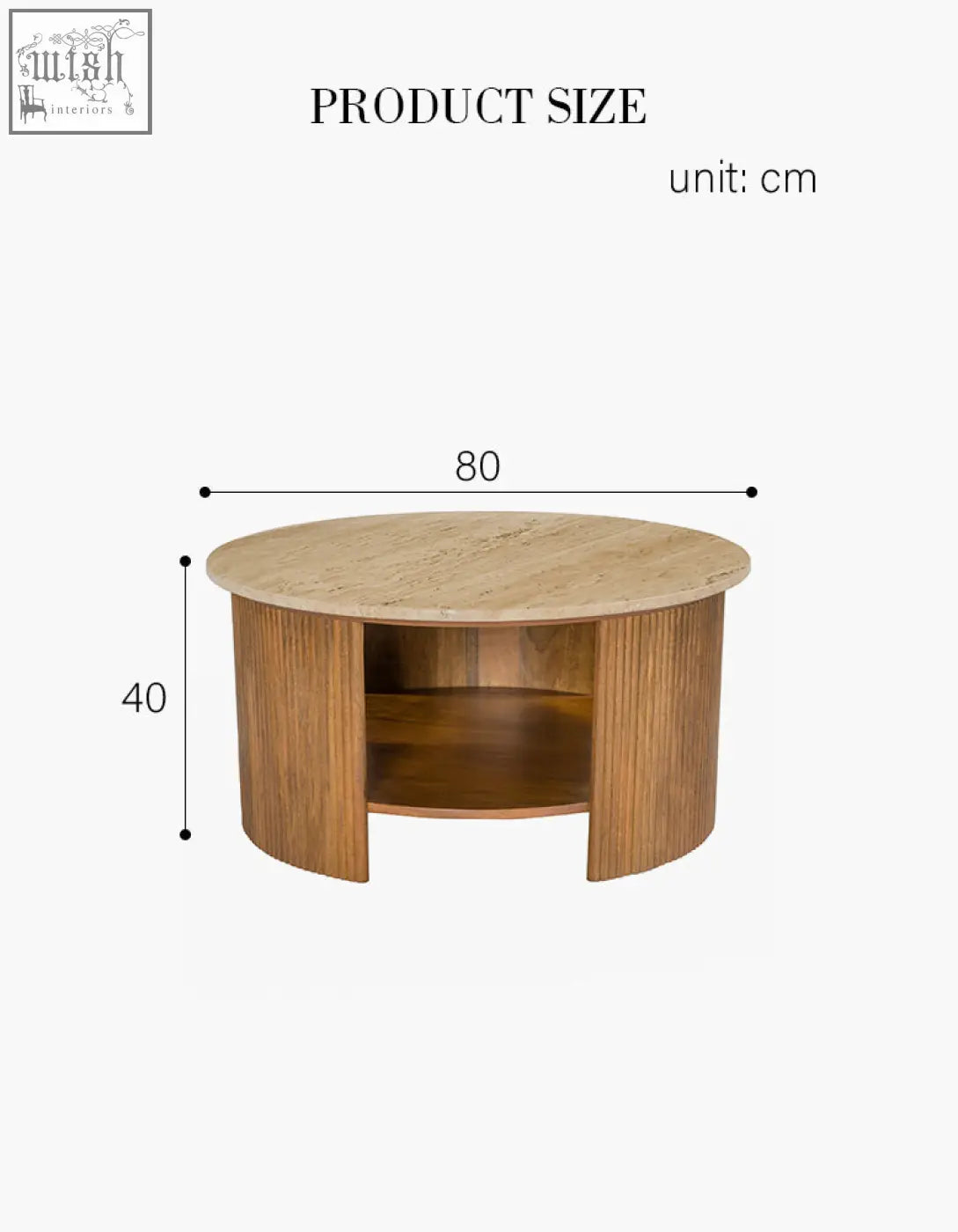 Schaefer round coffee table with storage featuring a light beige travertine top and vertical wood slats for your living space