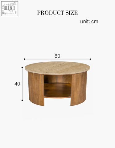Schaefer round coffee table with storage featuring a light beige travertine top and vertical wood slats for your living space