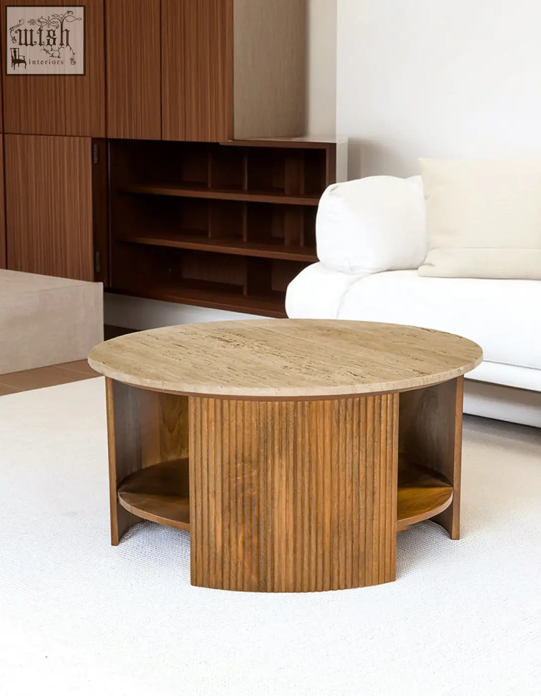 Schaefer round wooden coffee table with textured travertine stone top and vertical grooves perfect for living space