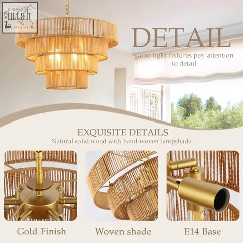 Golden tiered pendant light with hand-woven rattan natural wood shade and brass accents for kitchen island lighting
