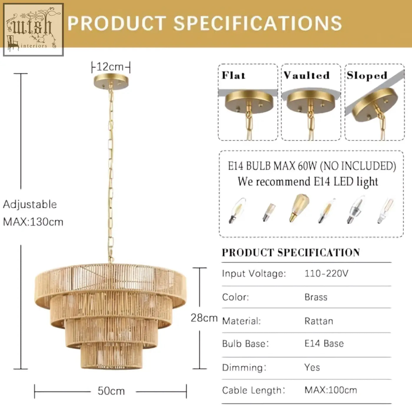 Golden brass tiered pendant light with woven rattan shades perfect for kitchen island or living room lighting