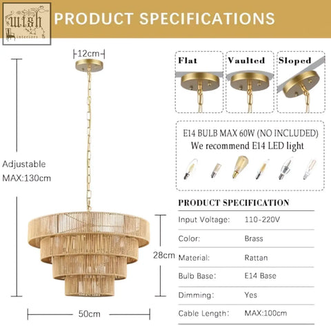 Golden brass tiered pendant light with woven rattan shades perfect for kitchen island or living room lighting