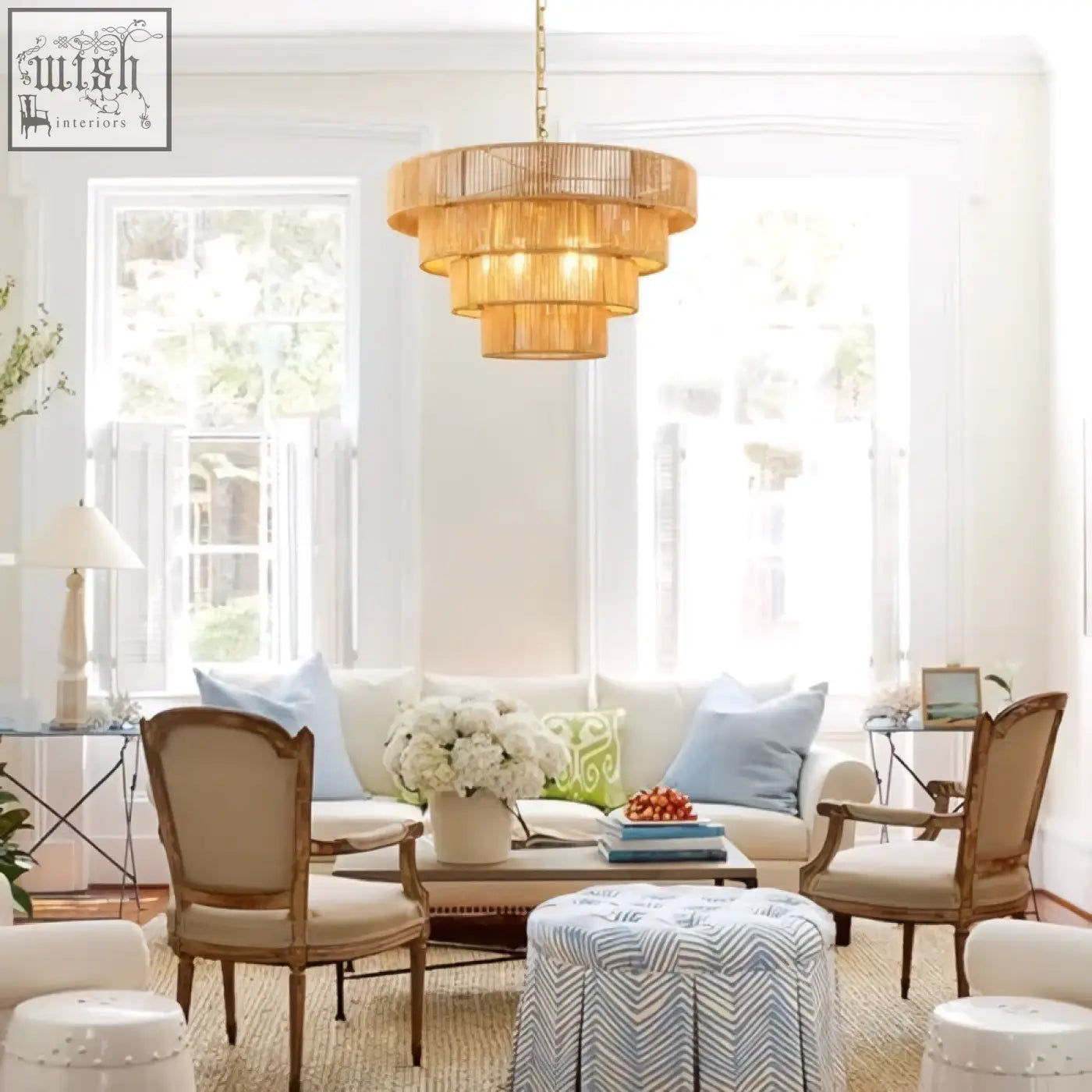 Golden tiered woven rattan pendant light with brass accents perfect for kitchen island or living room lighting