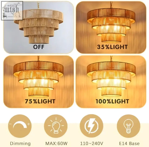 Schindora 50cm boho pendant light with woven rattan shade, natural tones, brass accents, ideal for kitchen island lighting