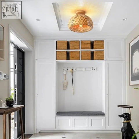 Woven bamboo ceiling light with warm golden glow schindora rattan flush mount light fixture for hallway nursery