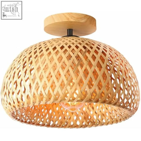 Natural bamboo woven ceiling light with wooden circular base handmade schindora flush mount light fixture