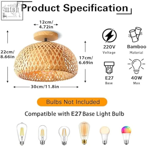 Schindora bamboo ceiling light with warm woven dome design e27 bulb base boho flush mount light fixture
