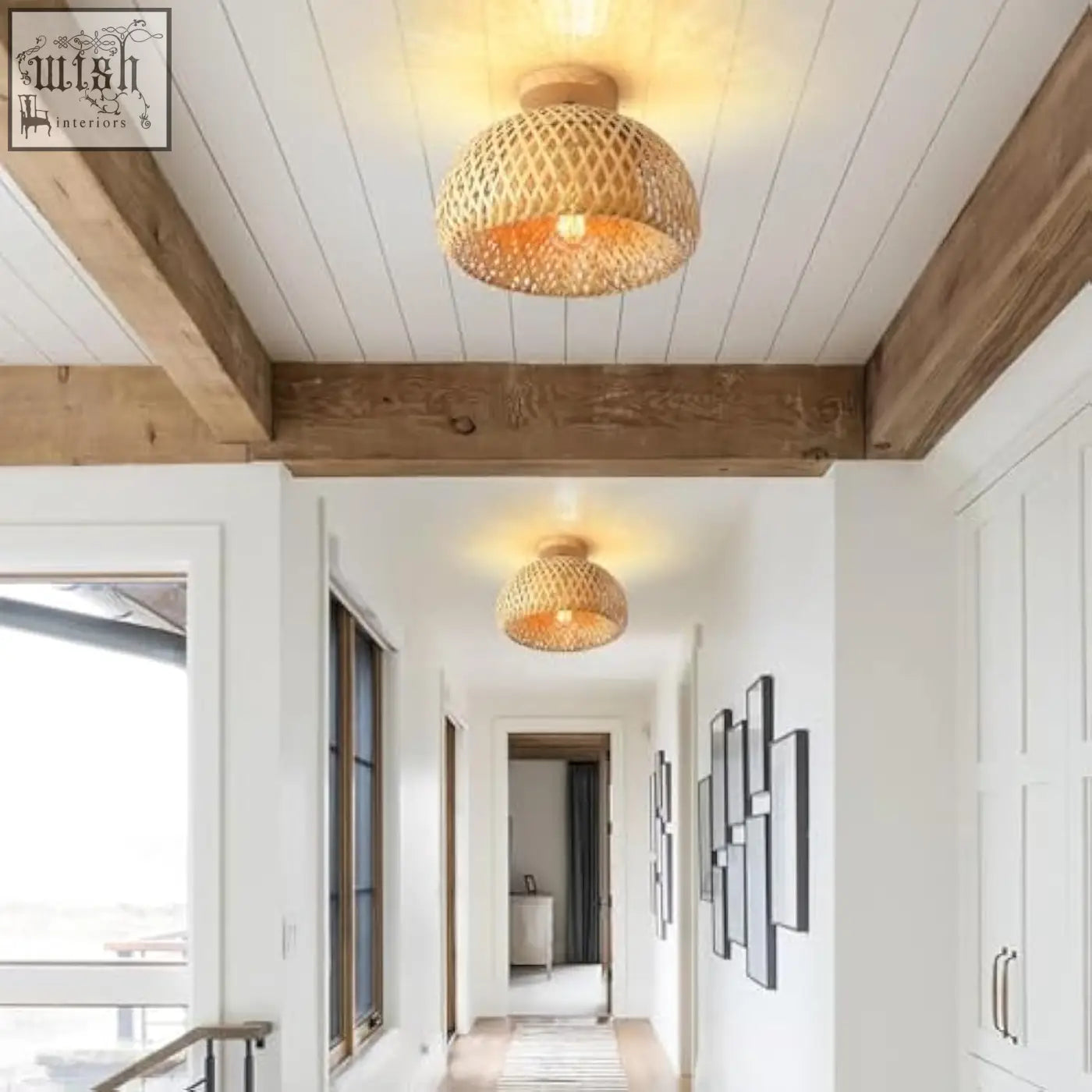 Schindora warm-toned bamboo ceiling light with woven lattice design handmade boho flush mount light fixture
