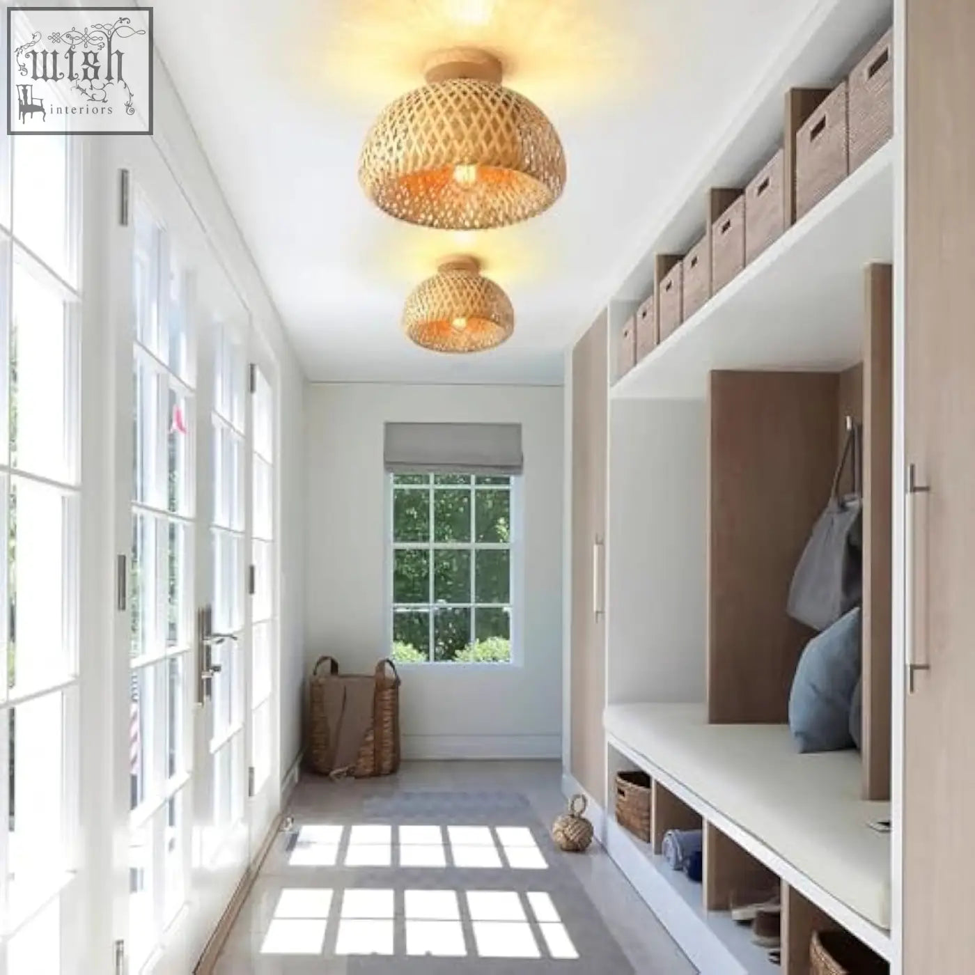 Two warm golden woven bamboo pendant light fixtures perfect as flush mount ceiling lights for cozy farmhouse spaces
