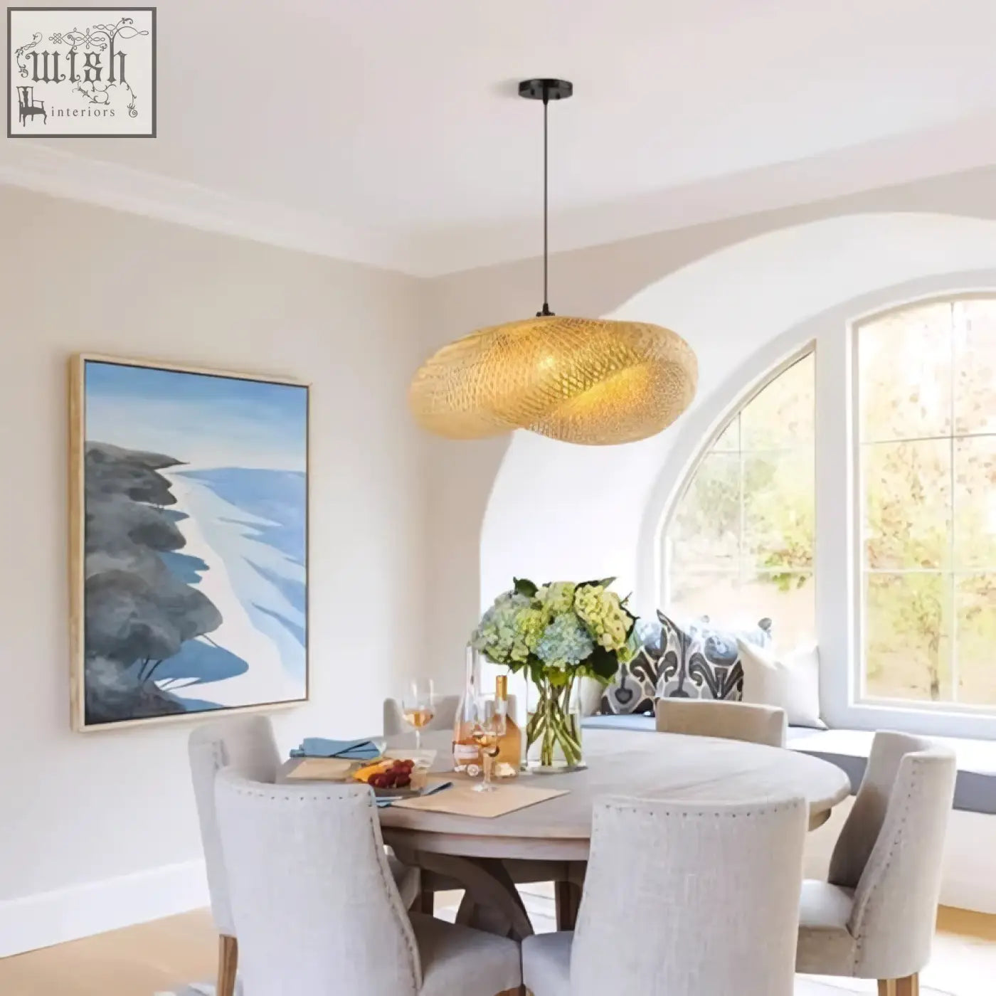 Woven gold straw hat pendant lighting with natural texture hanging lights for dining room or living room use