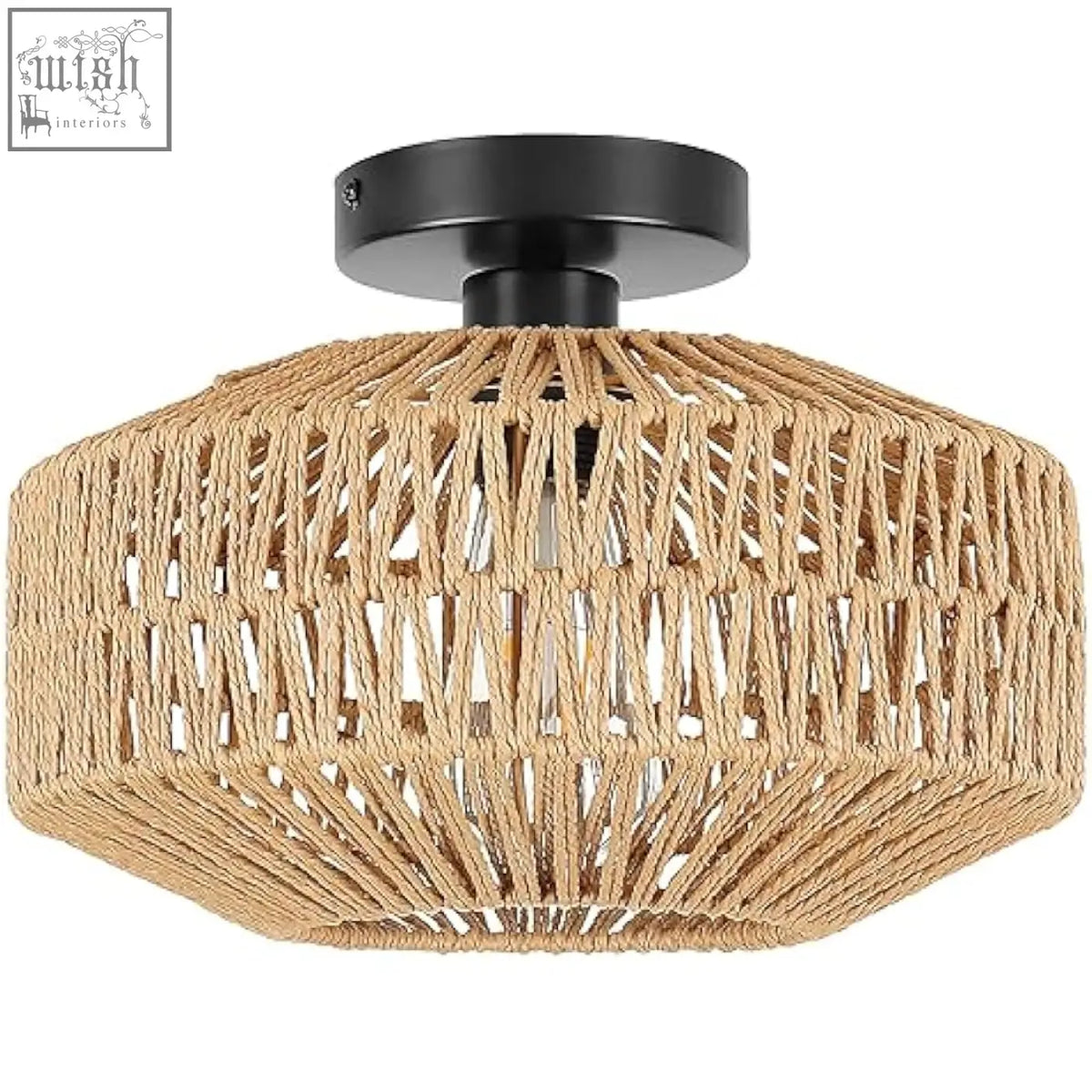 Schindora boho rattan ceiling light with natural fiber woven shade and black metal base perfect for living room