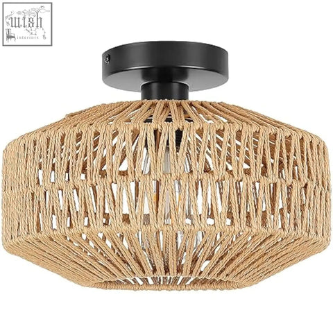 Schindora boho rattan ceiling light with natural fiber woven shade and black metal base perfect for living room