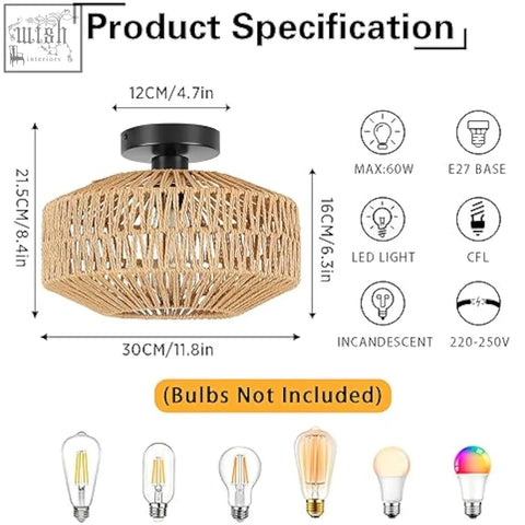 Schindora boho rattan ceiling light with black metal base and octagonal braided shade perfect for living room use