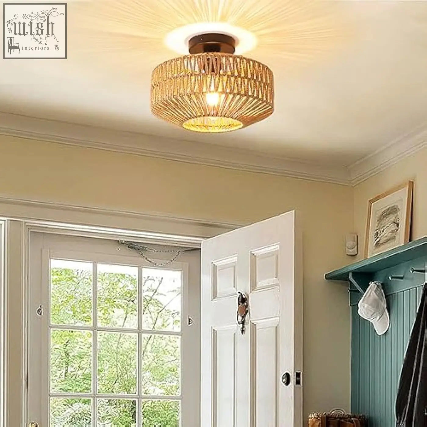 Schindora boho rattan ceiling light with warm-toned woven rattan and brass base perfect for living room decor