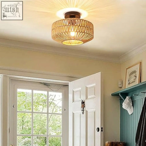 Schindora boho rattan ceiling light with warm-toned woven rattan and brass base perfect for living room decor