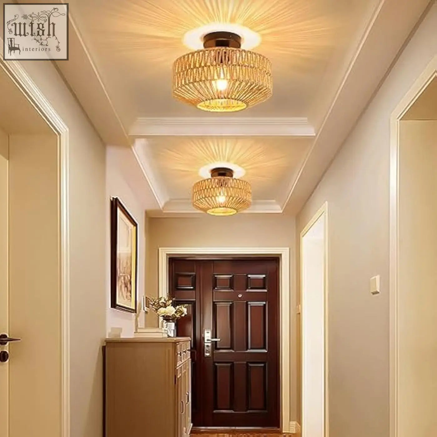 Two golden schindora boho rattan ceiling lights with warm glow perfect for living room rustic ceiling light