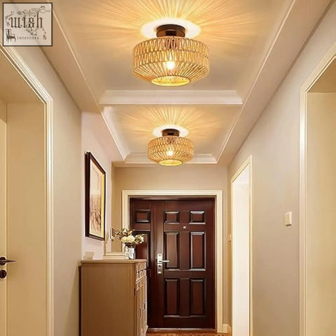 Two golden schindora boho rattan ceiling lights with warm glow perfect for living room rustic ceiling light