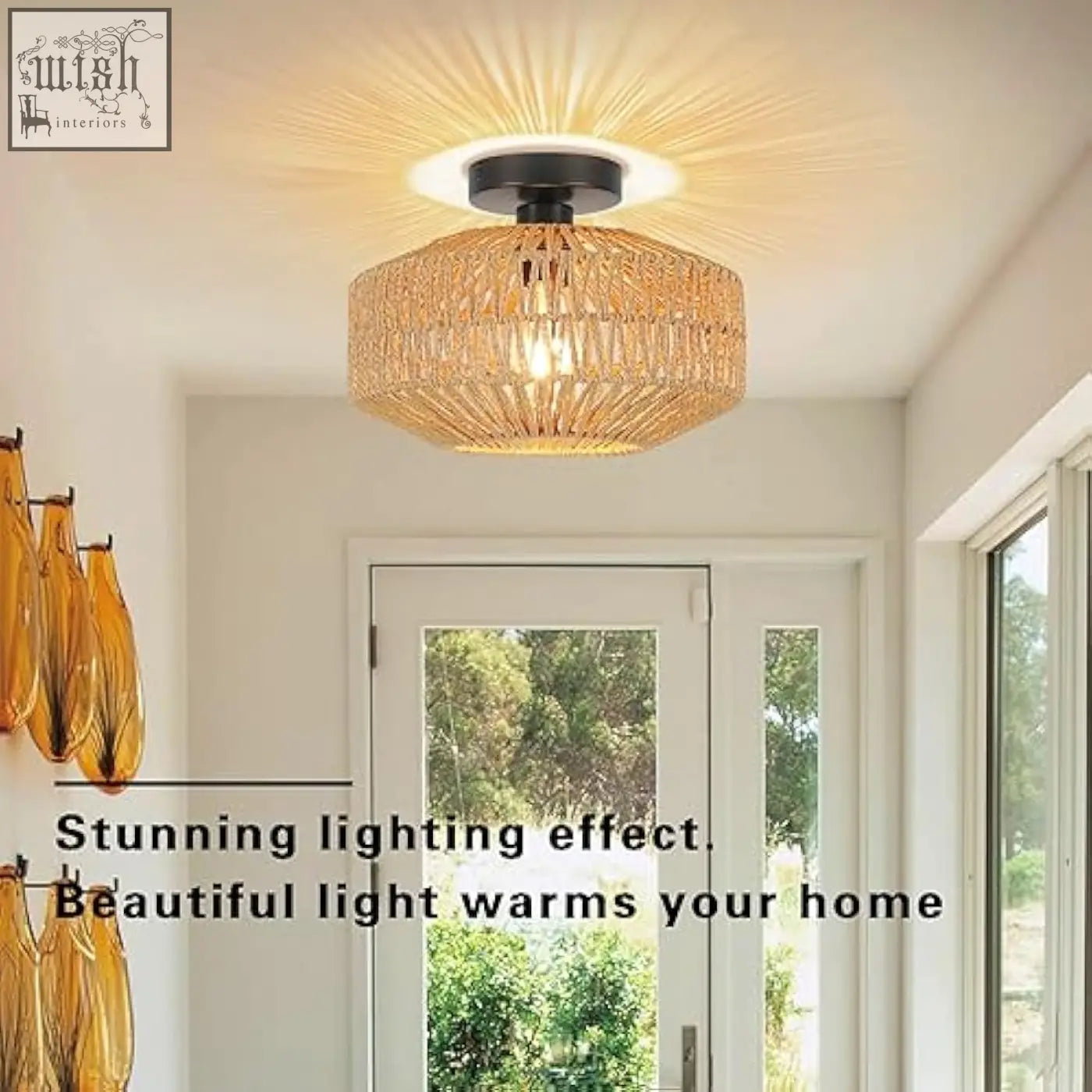 Schindora boho rattan ceiling light with warm golden woven rattan shade and black metal base perfect for living room