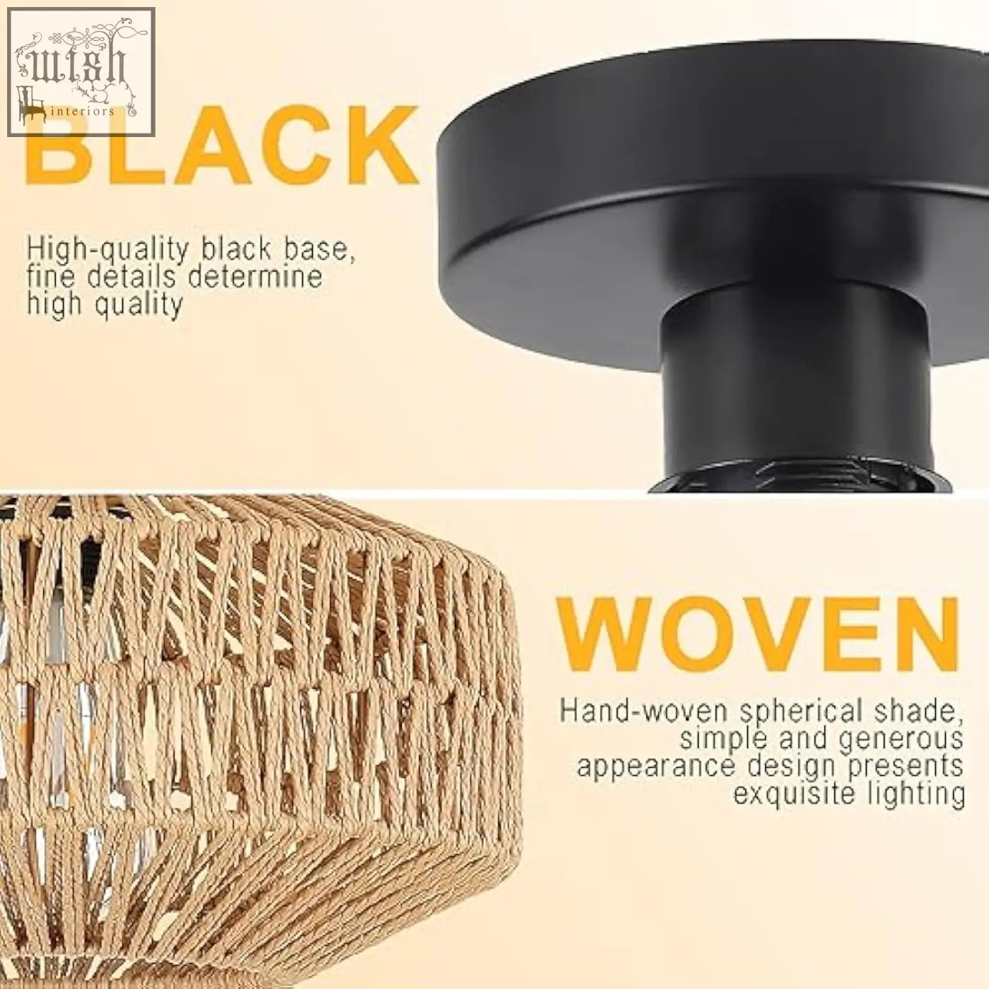 Black metal base ceiling light with hand-woven light brown natural rope shade for schindora boho rattan living room decor