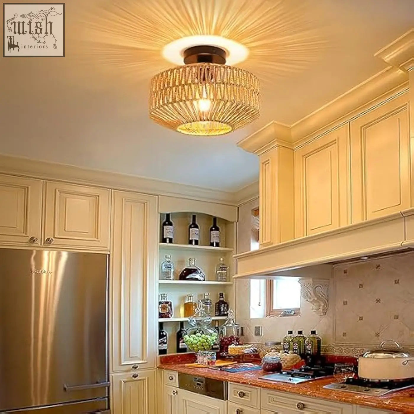 Schindora boho rattan ceiling light with warm golden woven rattan shade and dark metal base for living room use