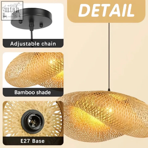 Golden bamboo pendant lighting with adjustable black chain and e27 base featuring boho straw hat design for cozy spaces
