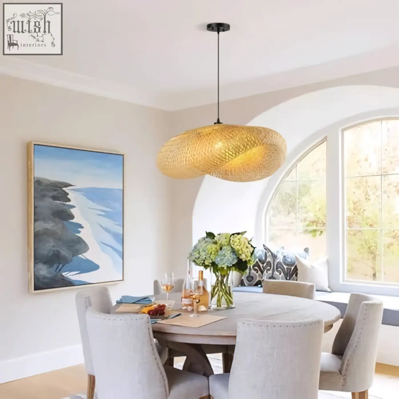 Golden woven pendant lighting with a textured straw hat design handwoven for boho dining and living room decor