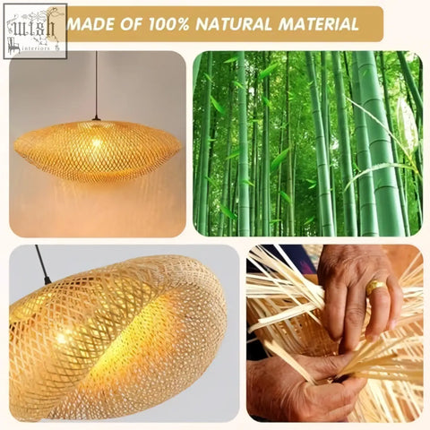 Golden woven bamboo pendant lighting with natural textured mesh design inspired by a straw hat for cozy boho spaces