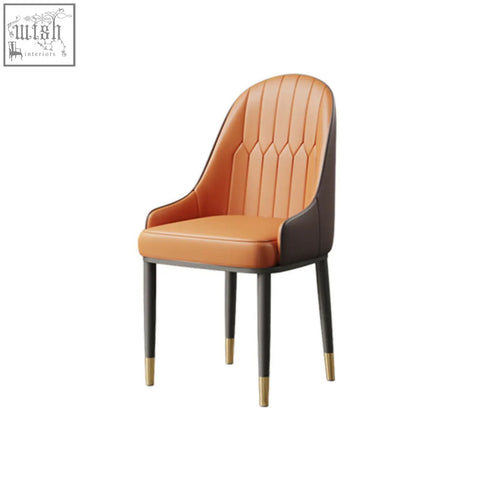 Modern scott dining chair with tan and dark brown leather upholstery vertical stitching and gold metal feet