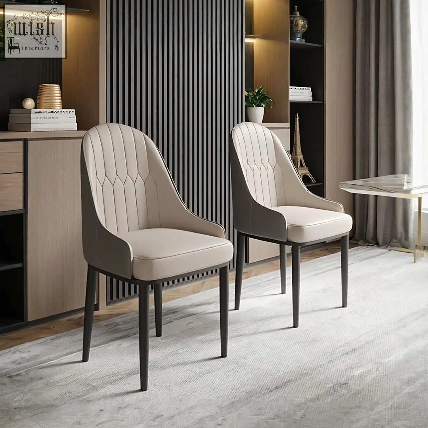 Beige upholstered scott dining chair with sleek dark metal legs and modern tufted back design for dining use