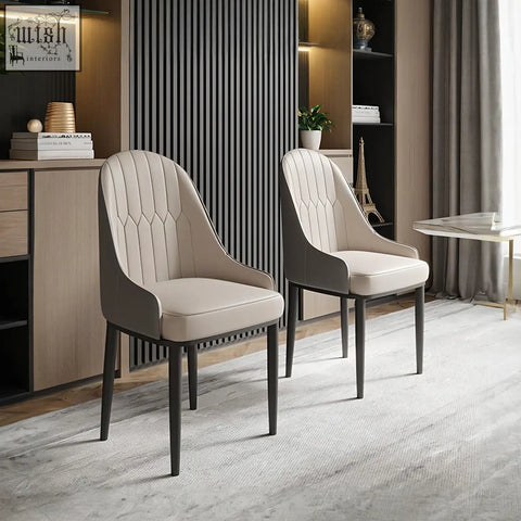 Beige upholstered scott dining chair with sleek dark metal legs and modern tufted back design for dining use