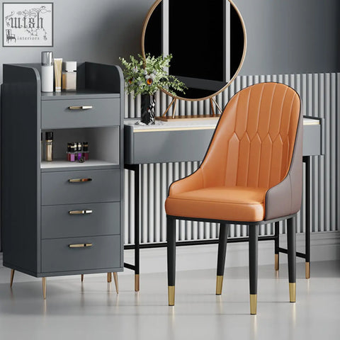 Orange and gray upholstered scott dining chair with vertical stitching and gold-tone legs perfect for dining areas