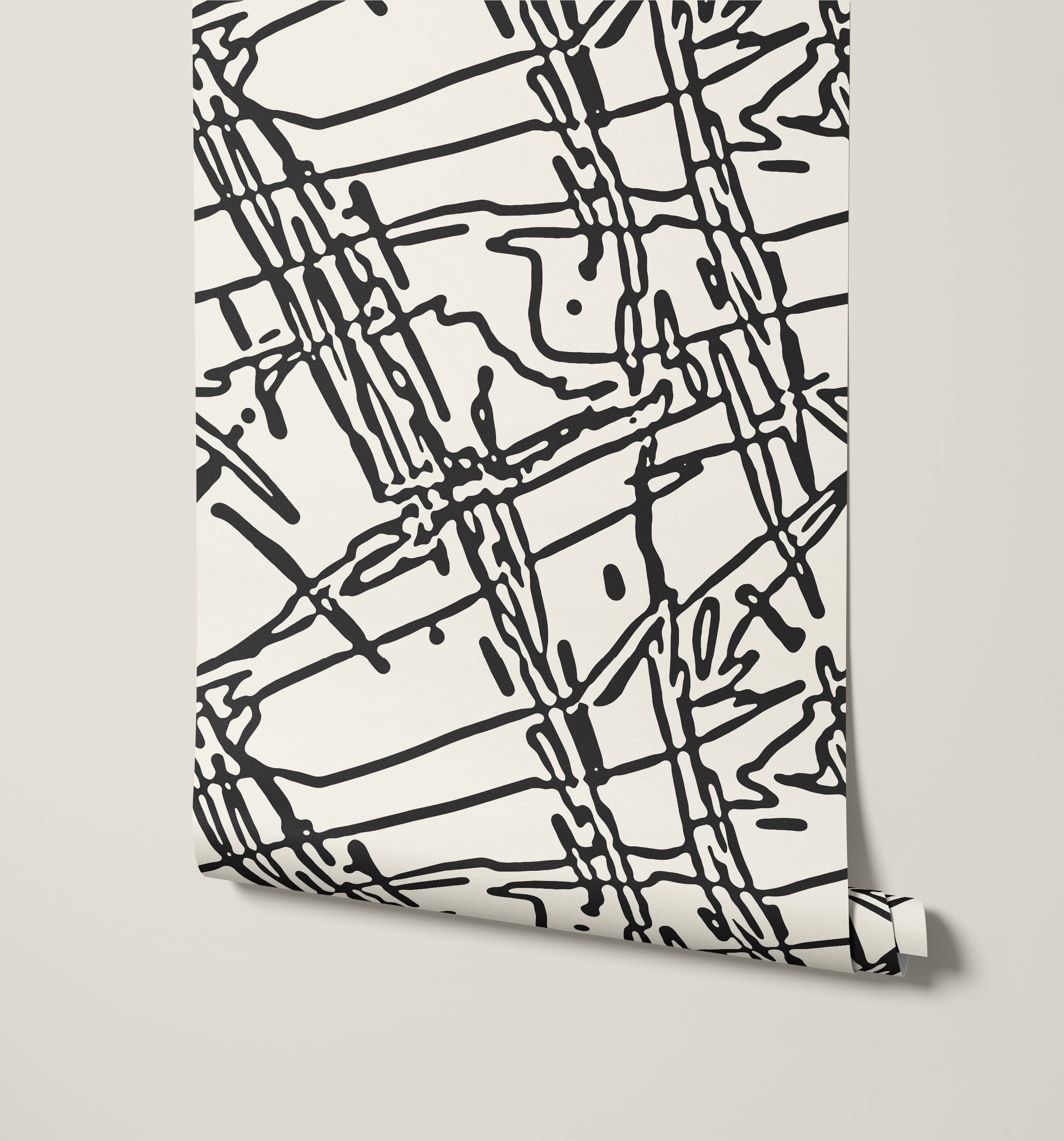 Scratch black and white abstract line art wallpaper featuring a dynamic intersecting pattern for modern decor