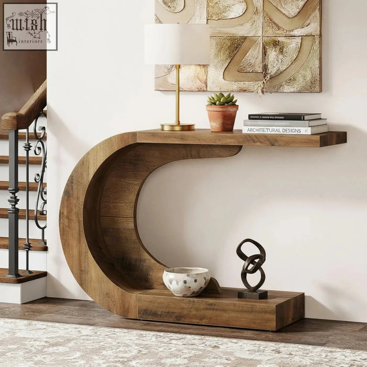 Curved wooden crescent console table with rustic finish and integrated shelf for stylish storage and display