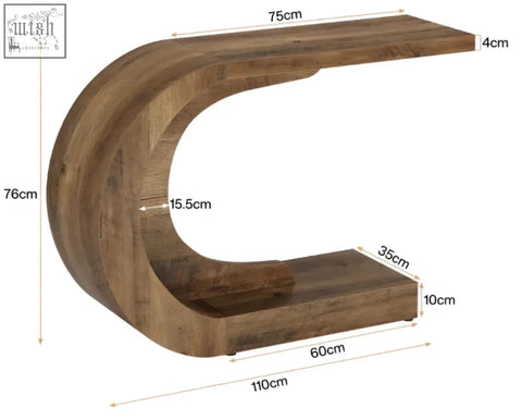 Curved wooden crescent console table with rustic finish and sleek modern design for stylish living spaces