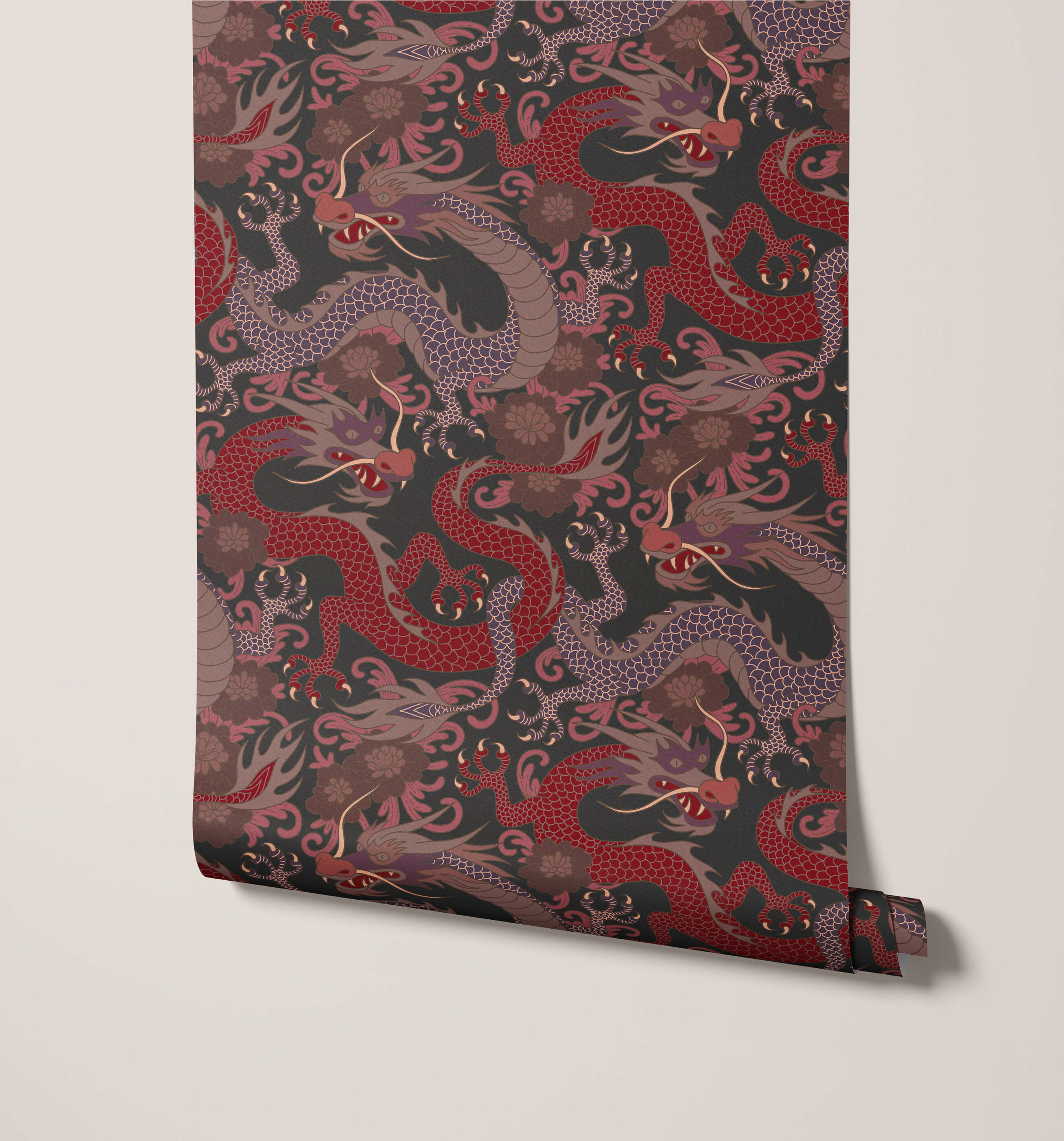 Roll of scute dragon wallpaper with intricate red and gray oriental dragon designs on dark brown background