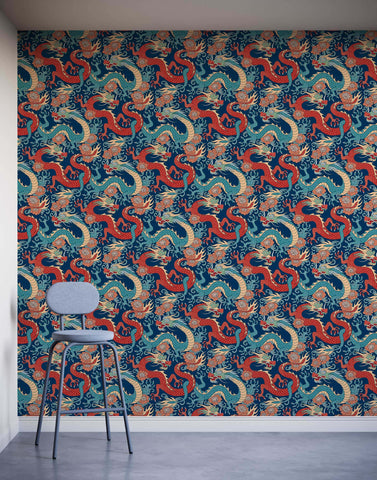 Scute dragon wallpaper with vibrant red and teal oriental dragon design on deep navy background for wall decor
