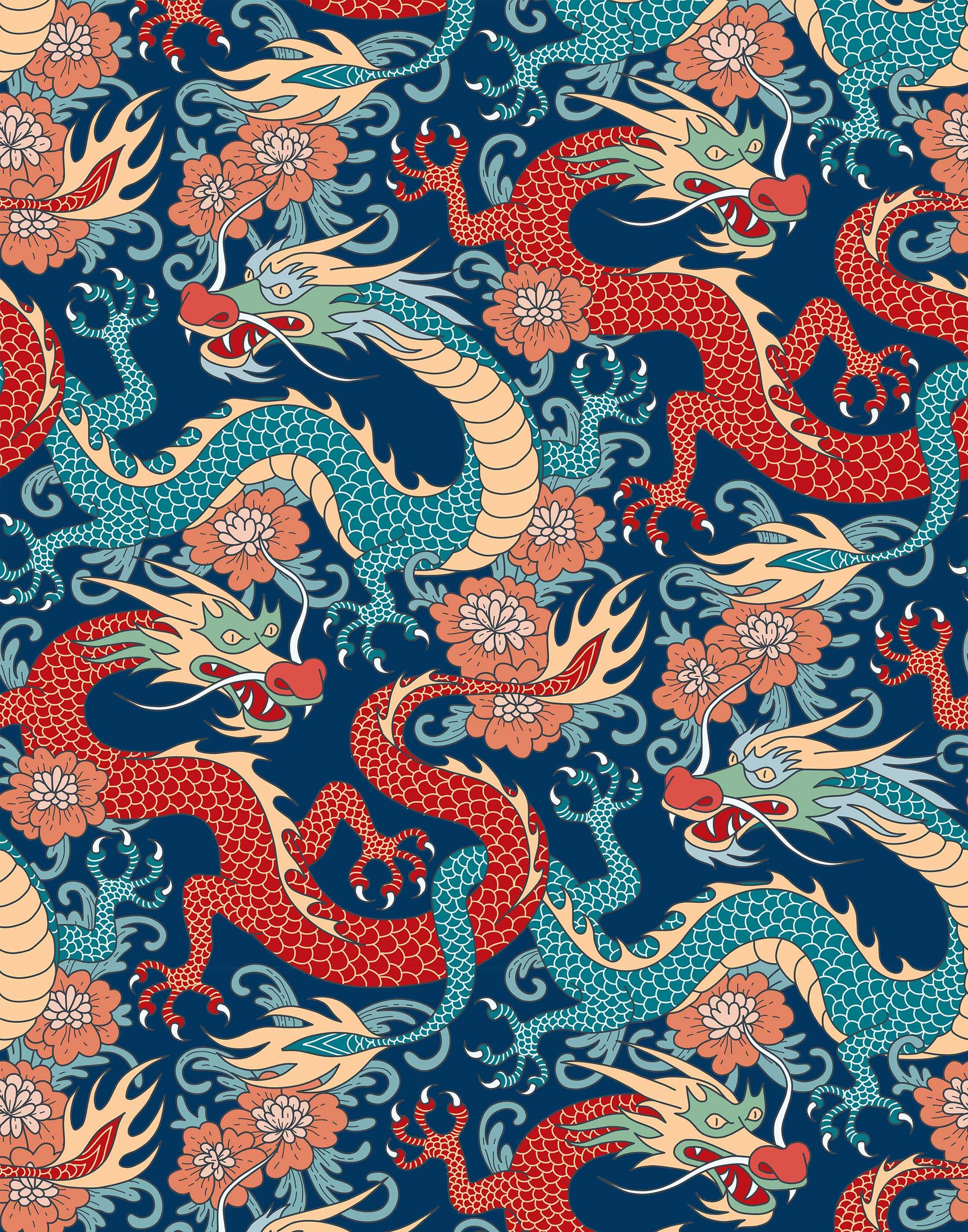 Scute dragon wallpaper featuring vibrant red and teal oriental dragons with floral motifs on navy background