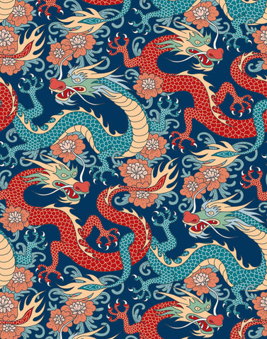 Scute dragon wallpaper featuring vibrant red and teal oriental dragons with floral motifs on navy background