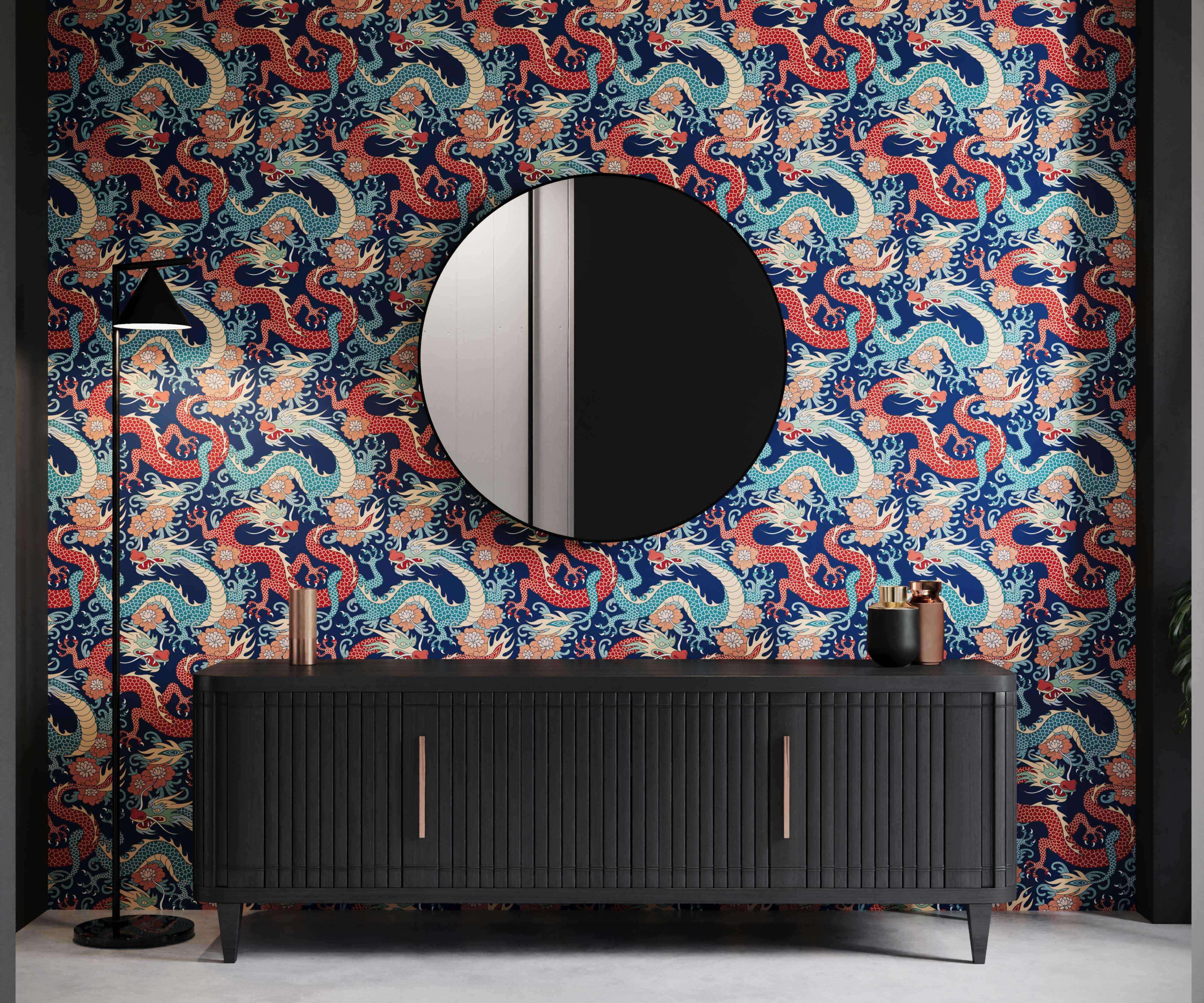 Black ribbed sideboard scute with vertical gold handles and slender legs perfect for oriental dragon wallpaper decor