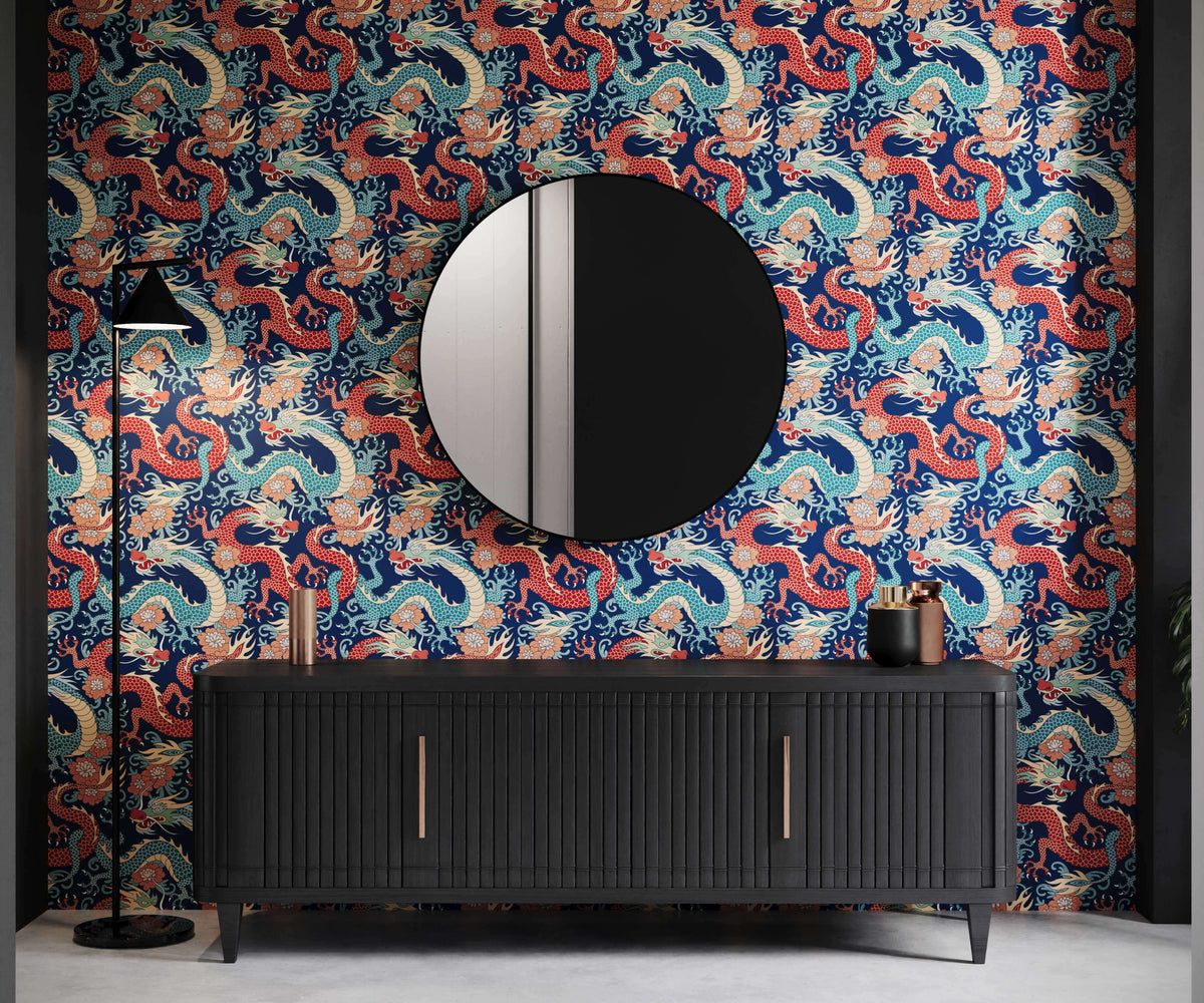 Black ribbed sideboard scute with vertical gold handles and slender legs perfect for oriental dragon wallpaper decor
