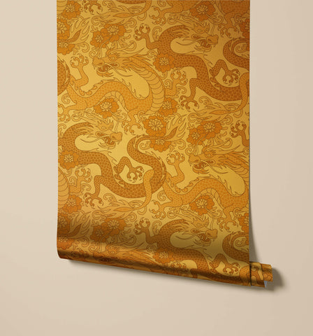 Golden scute wallpaper with an intricate oriental dragon wallpaper pattern and floral motifs for wall decor