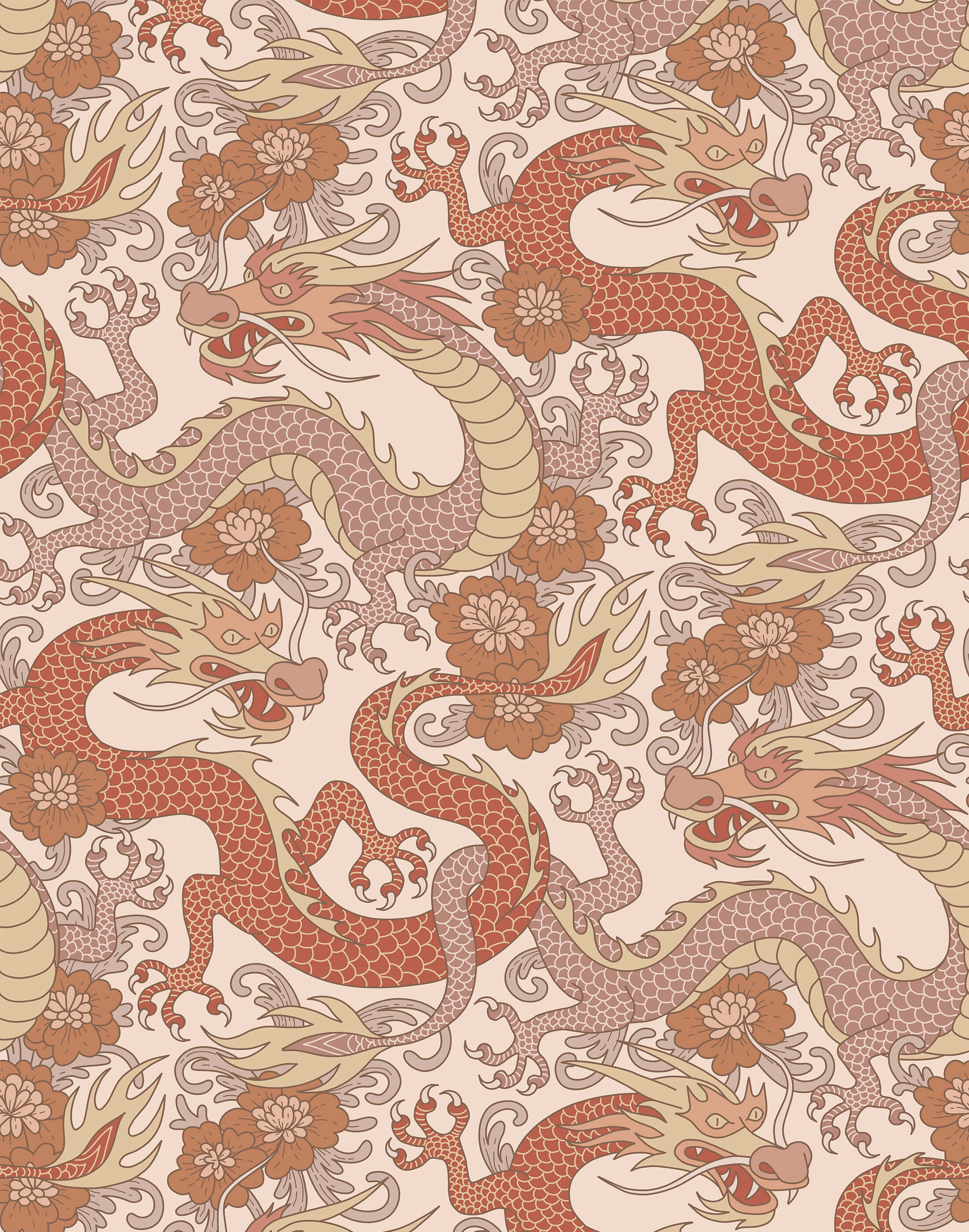 Scute dragon wallpaper features a repeating pattern of stylized oriental dragons and flowers in terracotta and beige tones