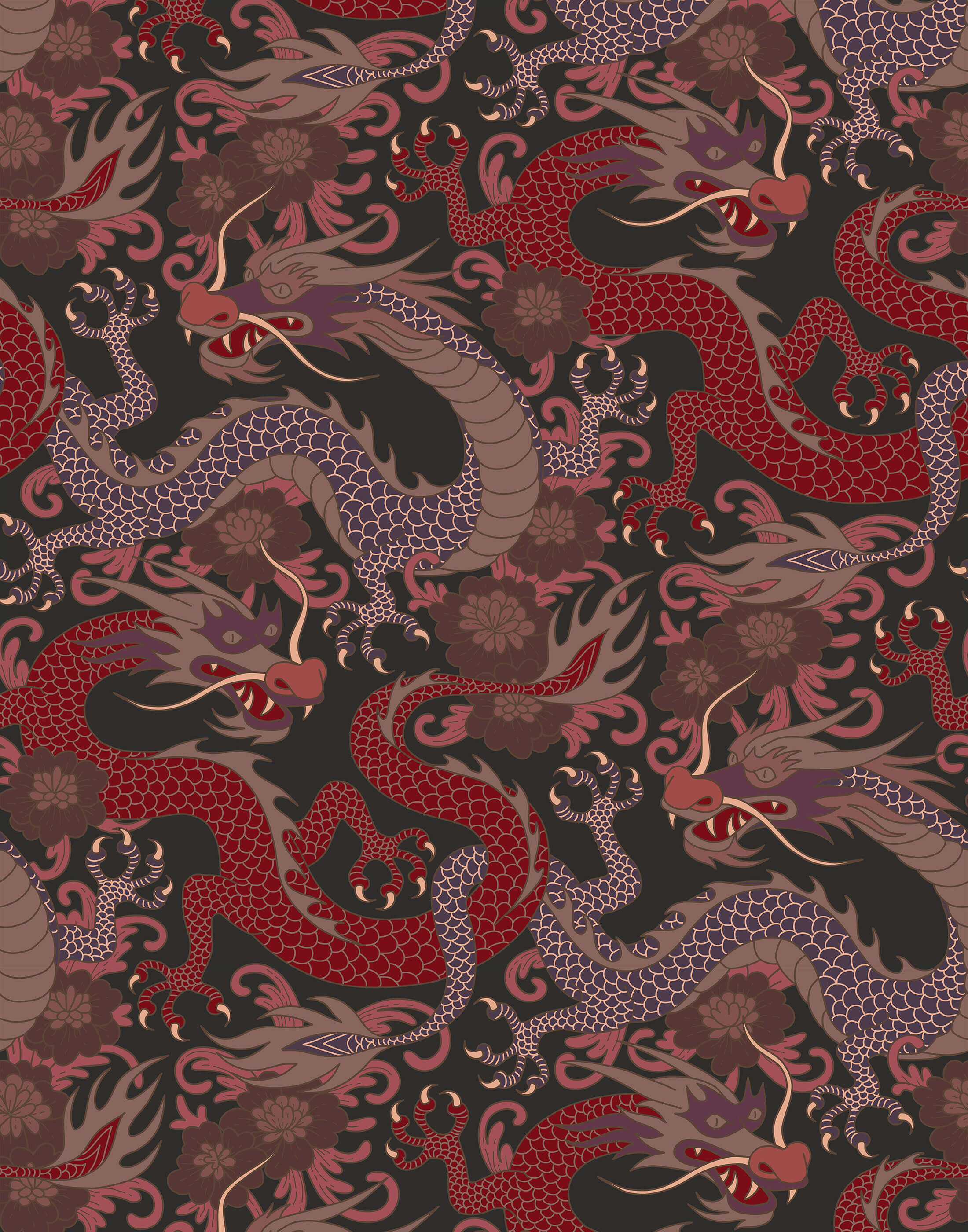 Scute fabric features vibrant red and purple oriental dragon wallpaper with intricate scales on a dark background