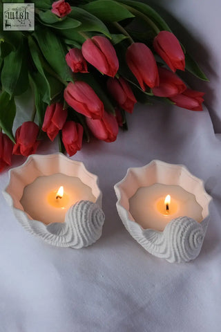 Two white ceramic seashell shaped candles with warm lit ylang ylang scented glow perfect for cozy decor