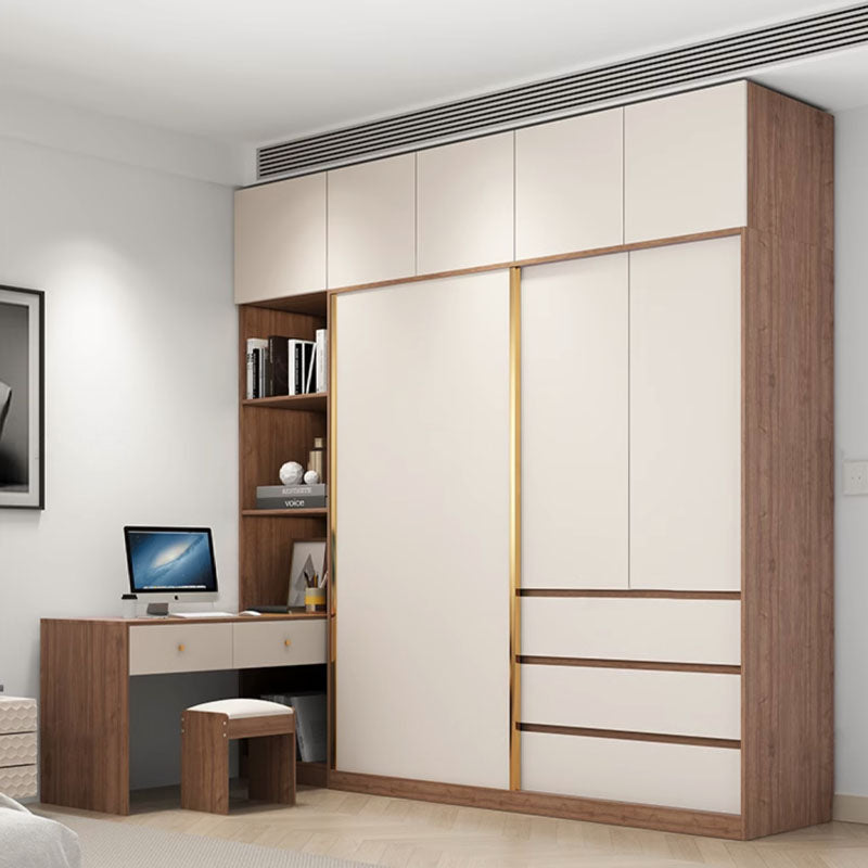 Modern beige and wood-toned seb wardrobe set with gold-trimmed sliding door panels for stylish storage