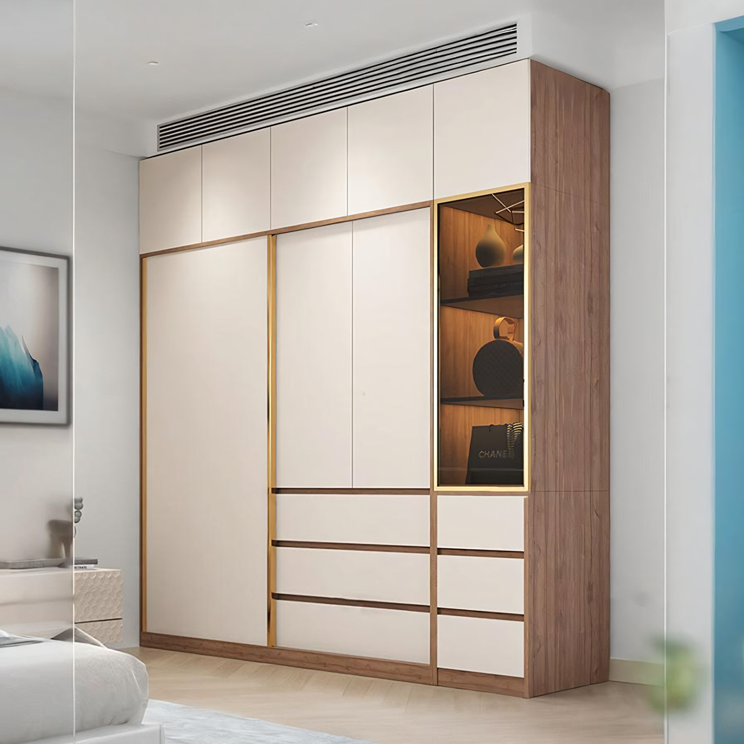 Modern beige and wood-toned seb wardrobe set with gold-trimmed sliding doors and glass-front display cabinet