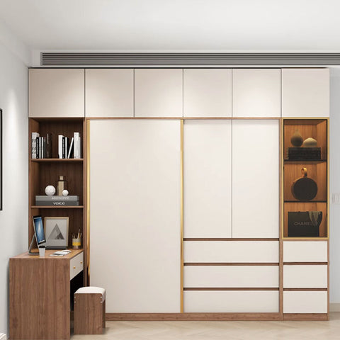 Modern white and wood-toned seb wardrobe set with sliding doors integrated desk and shelving units