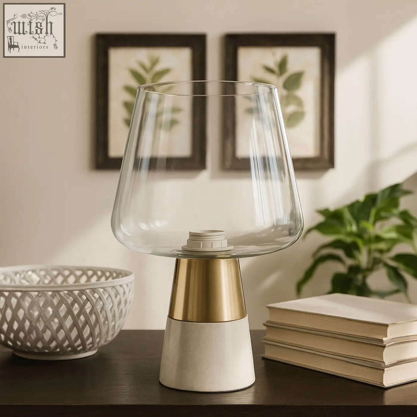 Sebah table lamp with clear glass shade and gold and white marble base for elegant lighting decor