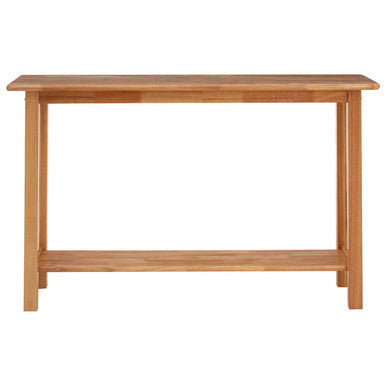 Light brown natural rectangular console table with simple minimalist design and lower shelf in wood